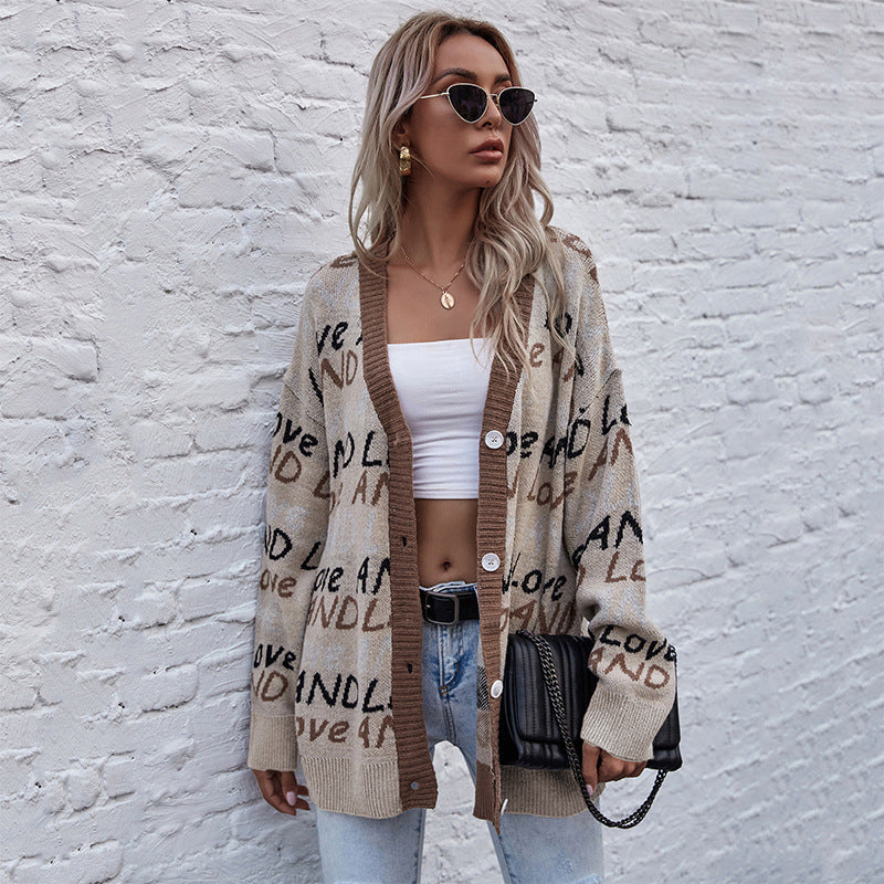 Women's Oversize Knit Cardigan with Letter Jacquard, Deep V-Neck and Button Placket Chichicherry