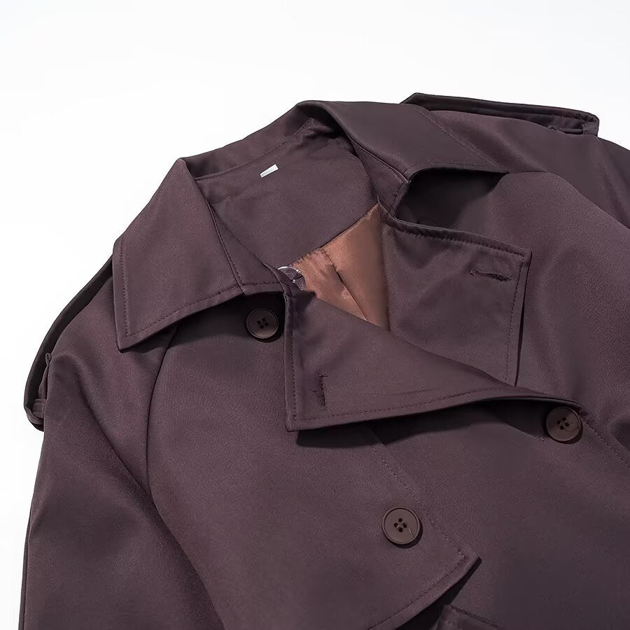 Women's Longer Tailored Trench Coat with Tie Belt and Double Row Chichicherry