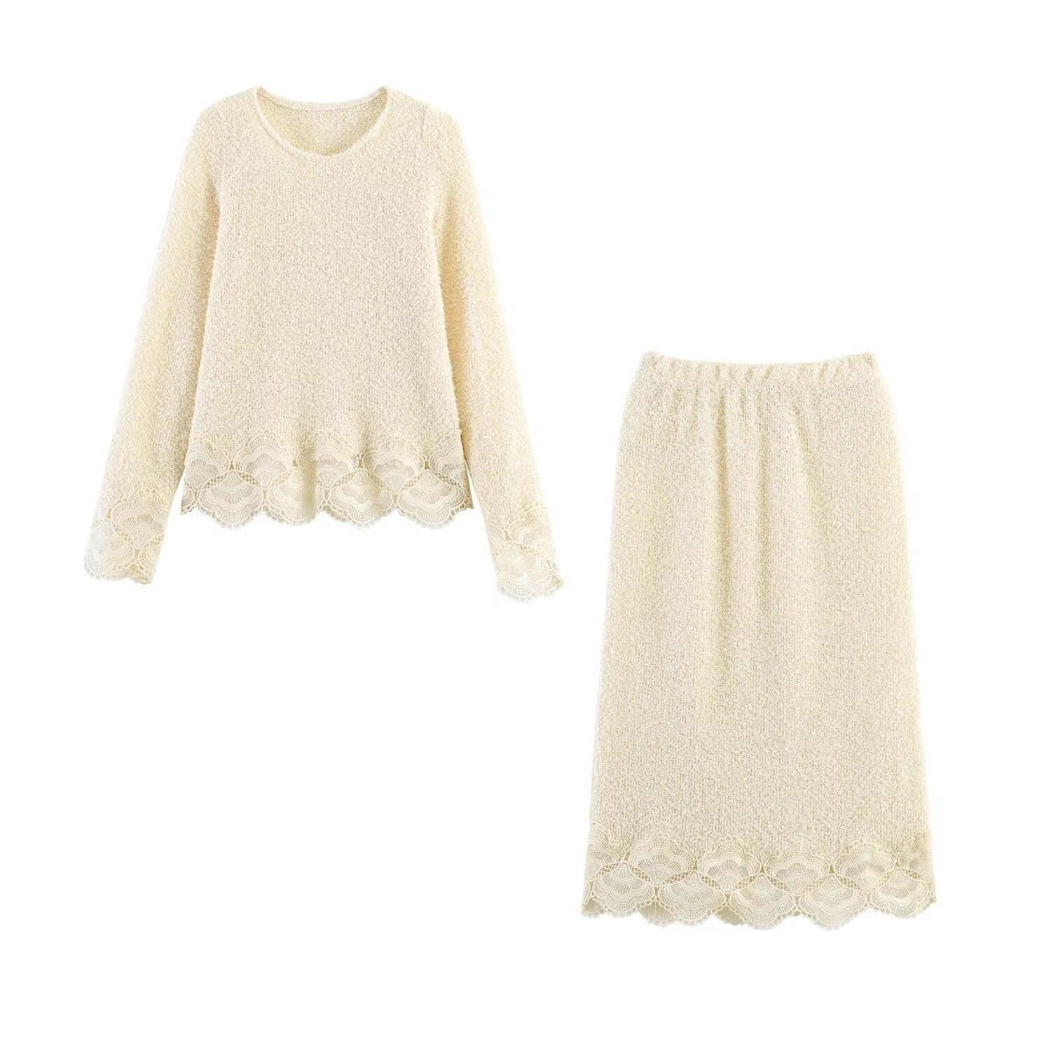 Women Boucle Knit Sweater with Lace Trim and Wavy Hem Chichicherry