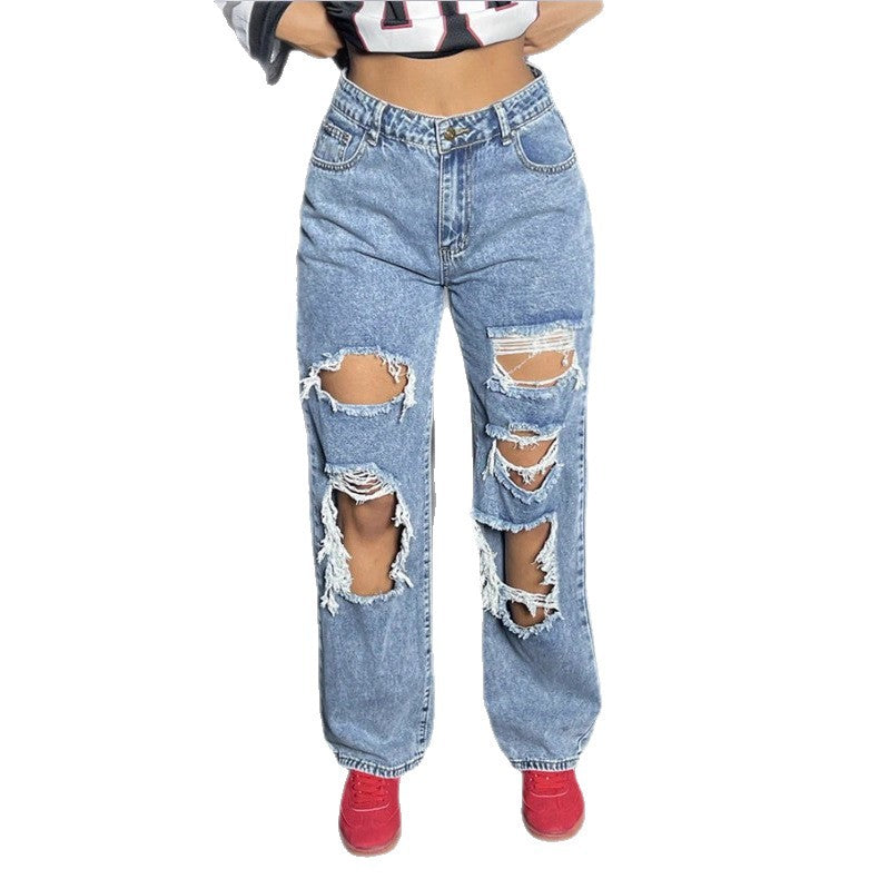 Womens High-Waisted Destroyed Baggy Jeans with Wide Leg and Knee Rips Chichicherry