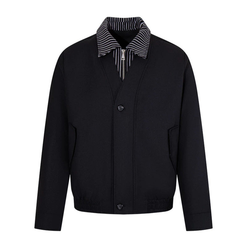 Men's short-cut blouson jacket with striped inner collar, concealed two-way zipper, and elastic hem Chichicherry