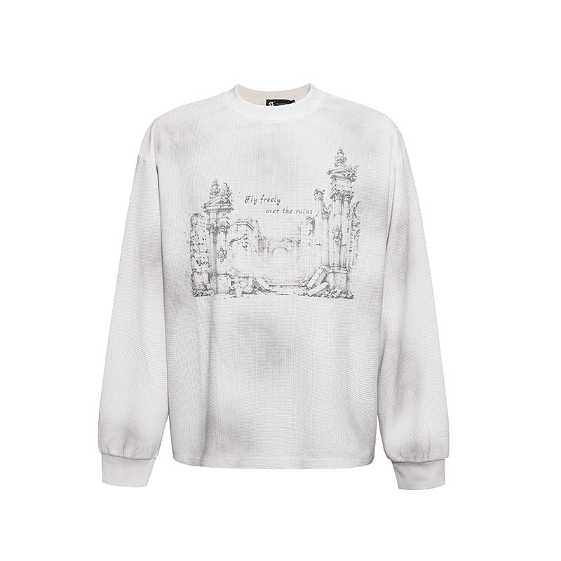 Women’s Oversized Sweatshirt with Waffle Texture, Round Neck and Ruins Sketch Print Chichicherry