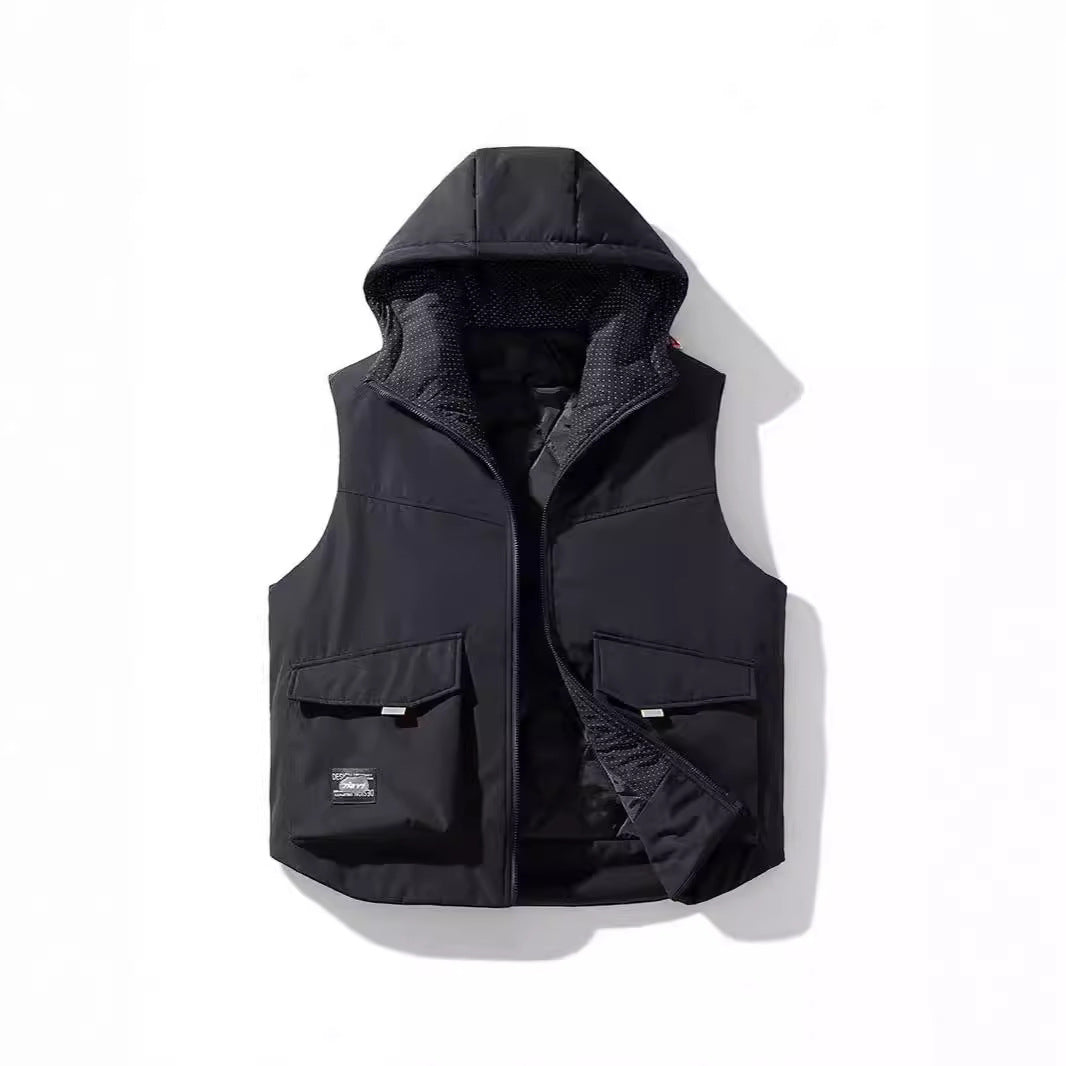 Men's Insulated Hooded Utility Vest with Multifunctional Pockets and Windproof Outer Layer Chichicherry