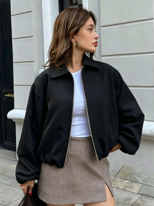 Ladies short cut oversized bomber jacket with zipper and elastic hem Chichicherry