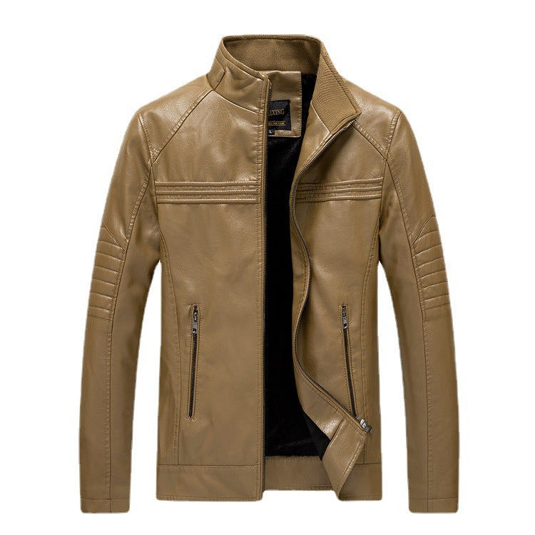 Men's Slim-Fit Faux Leather Moto Jacket with Stand-Up Collar and Quilted Sleeve Yoke Chichicherry