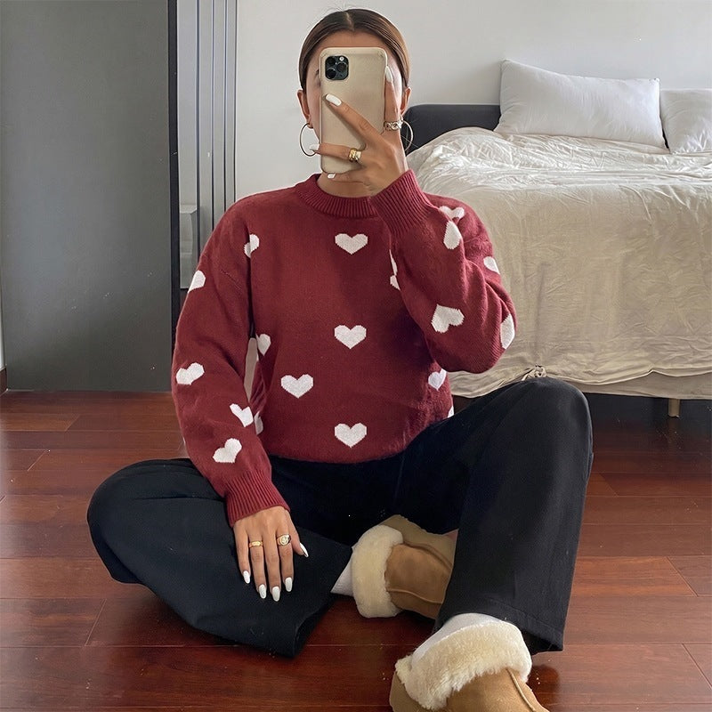 Women's round neck knitted pullover with heart jacquard and casual oversized fit Chichicherry