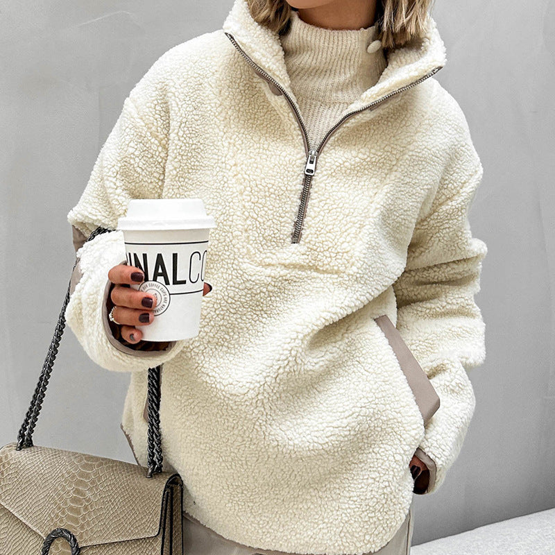 Women's Oversized Sherpa-Fleece Pullover with Half Zipper and Kangaroo Pocket Chichicherry