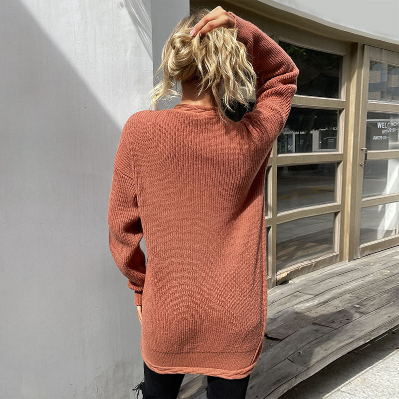 Women Long Open Cozy Cardigan made of Chunky Knit with Patch Pockets and Relaxed Fit Chichicherry