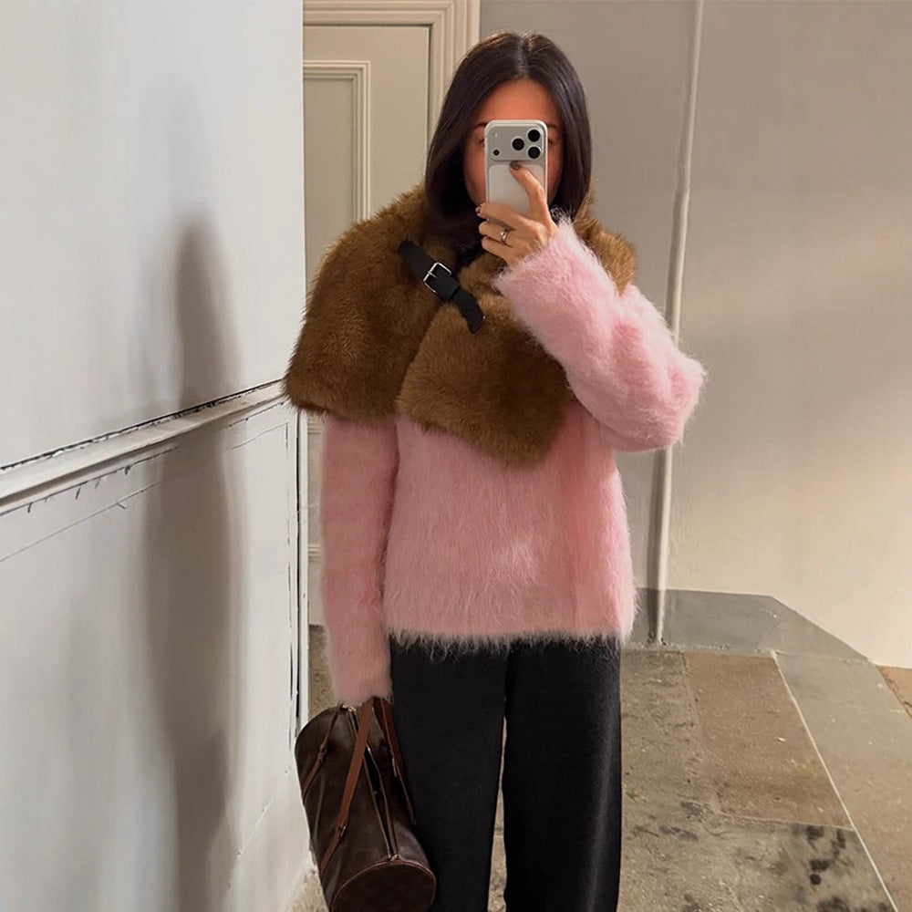 Women's Oversized Mohair Sweater with Fluffy Texture and Round Neckline Chichicherry