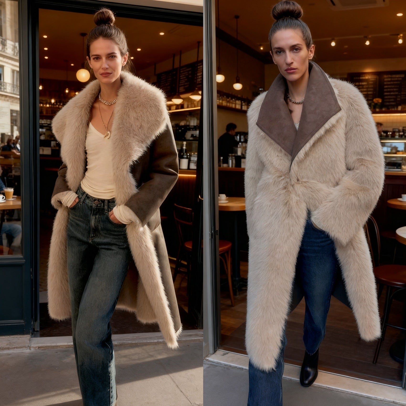 Women's Long Faux Fur Shearling Coat with Oversized Shawl Collar and Patch Pockets Chichicherry