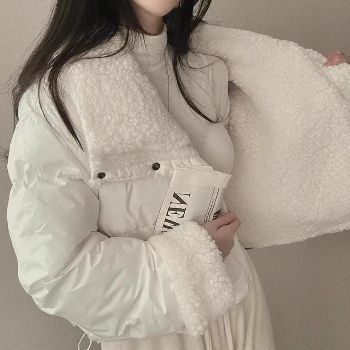 Women's short quilted puffer jacket with teddy collar, roll-up sleeves, and drawstring hem Chichicherry
