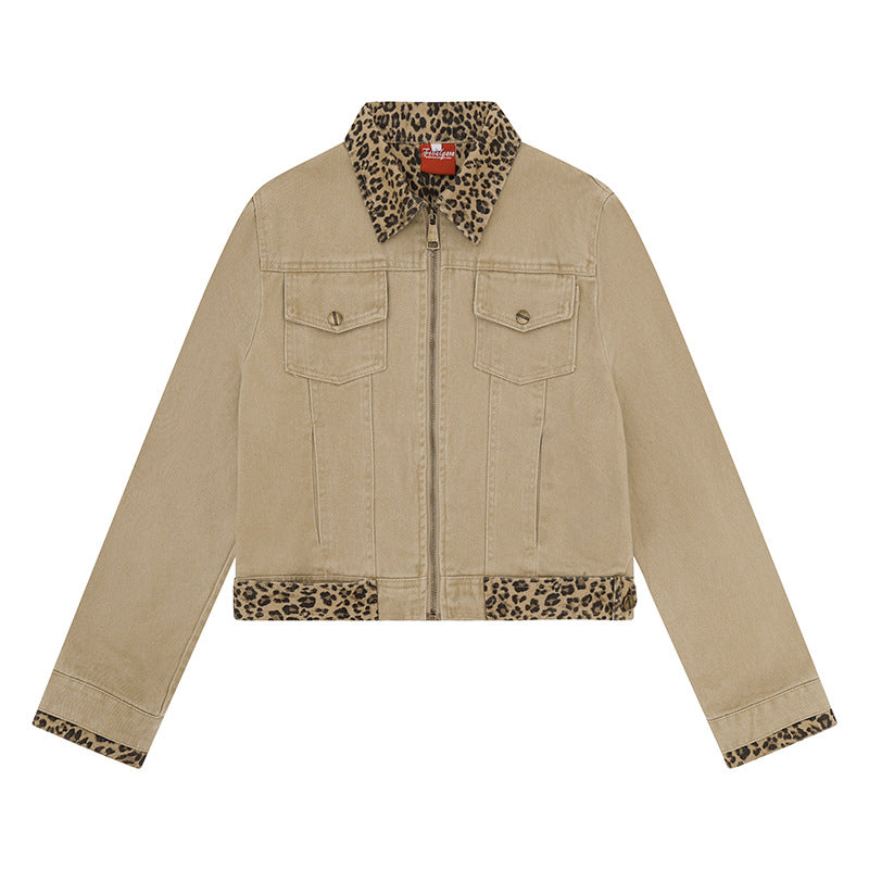Women’s Short Cut Denim Trucker Jacket with Leopard Contrast Collar and Cuffed Sleeves Chichicherry