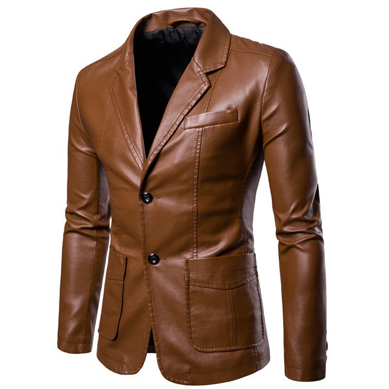 Men's faux leather blazer jacket slim fit with lapel collar and patch pockets Chichicherry