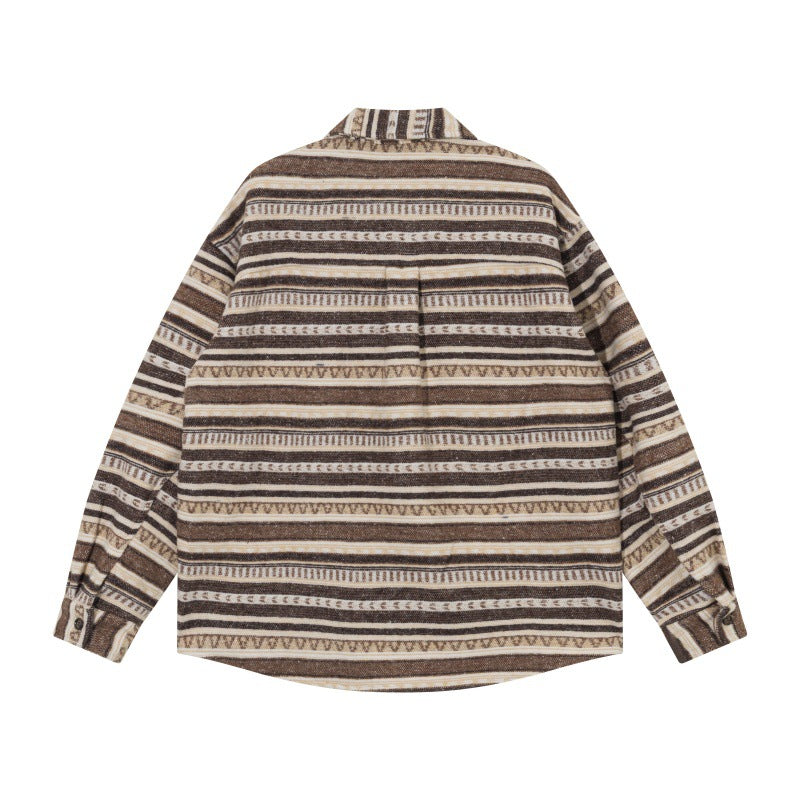 Unisex Oversize Knit Shirt Jacket in Ethnic Stripe Pattern with Flap Pockets Chichicherry