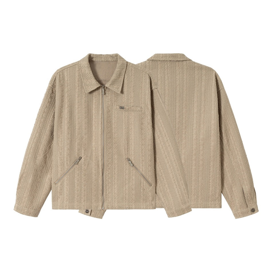 Unisex Textured Zip Blouson Jacket in Boxy Cut with Shirt Collar and Diagonal Zipper Pockets Chichicherry