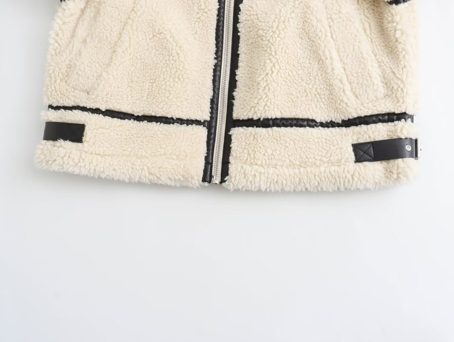 Women's Oversized Teddy Jacket in Aviator Style with Faux Leather Piping, Stand Collar and Zipper Chichicherry