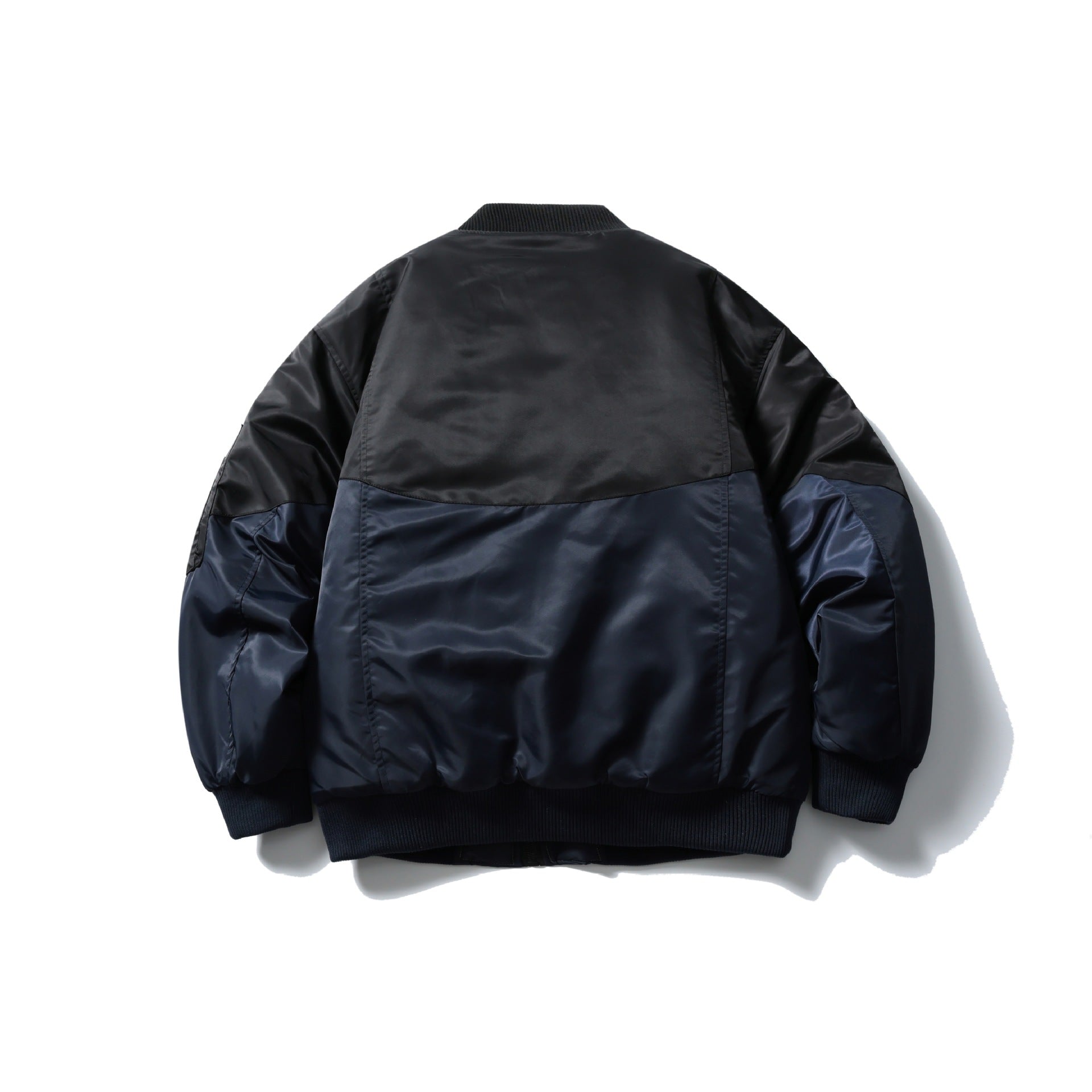 Unisex Short Cut Two-Tone Nylon Bomber Jacket with Utility Flap Pockets and Sleeve Zipper Chichicherry