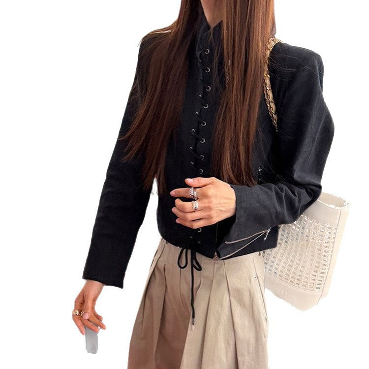 Women's Short Cut Lace-Up Biker Jacket with Asymmetrical Zipper Chichicherry