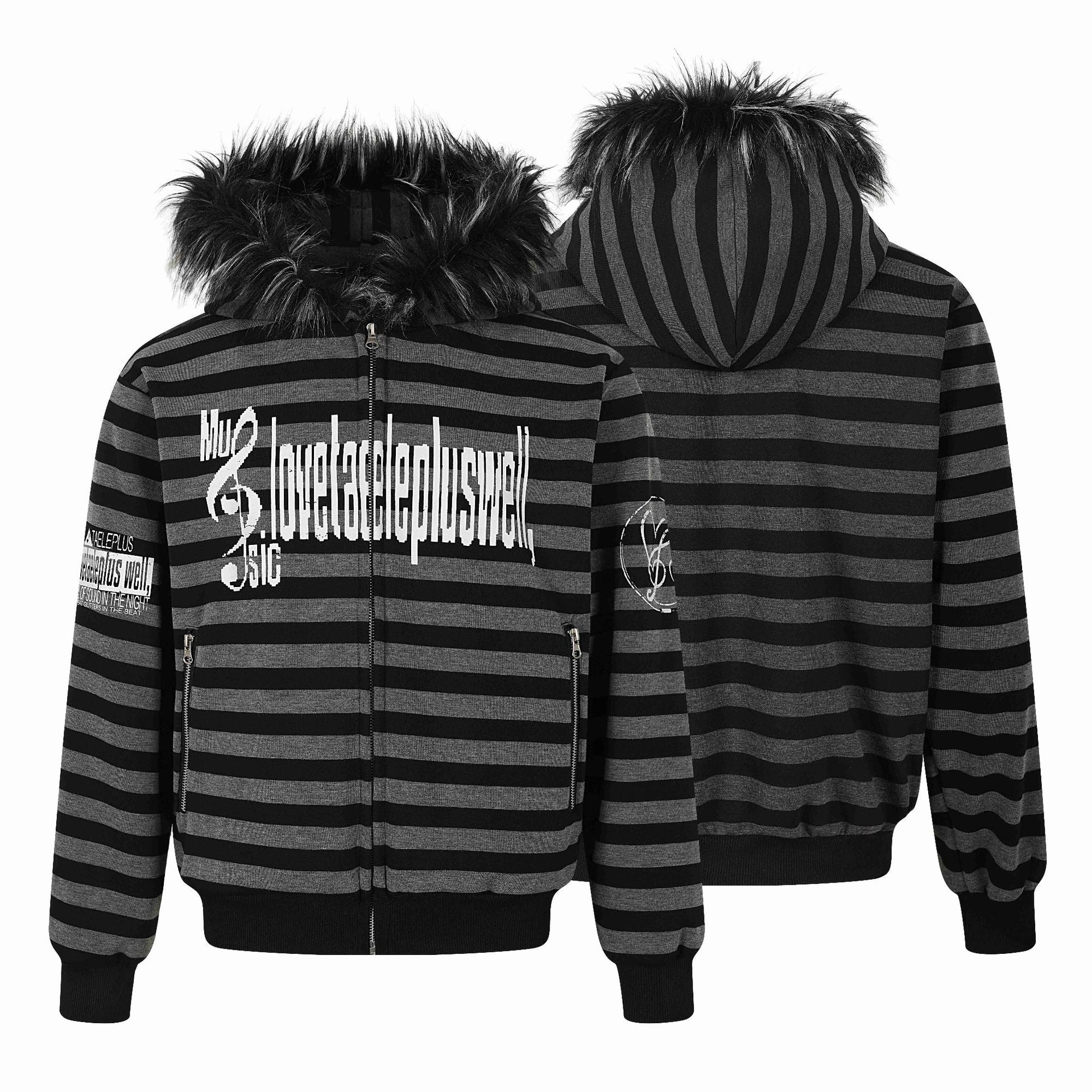 Unisex Striped Hooded Jacket with Faux Fur Hood and Zipper Pockets Chichicherry