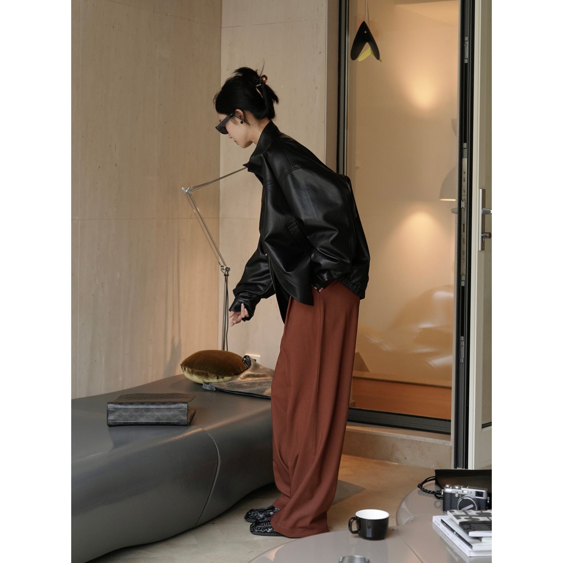 Women's High-Waisted Palazzo Suit Pants with Front Crease and Deep Crotch Chichicherry