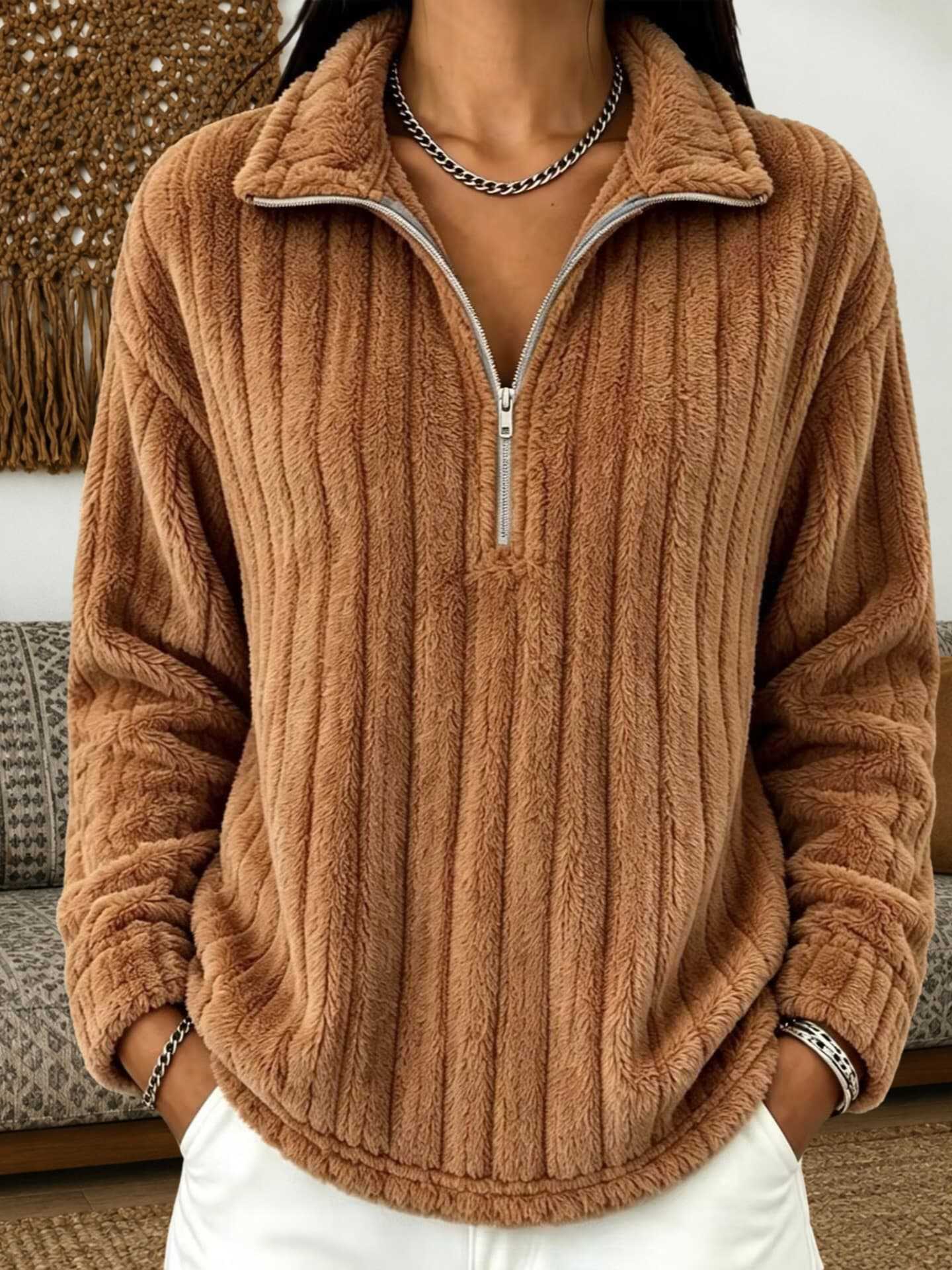Women's Cozy Plush Half-Zip Pullover with Stand-Up Collar Chichicherry