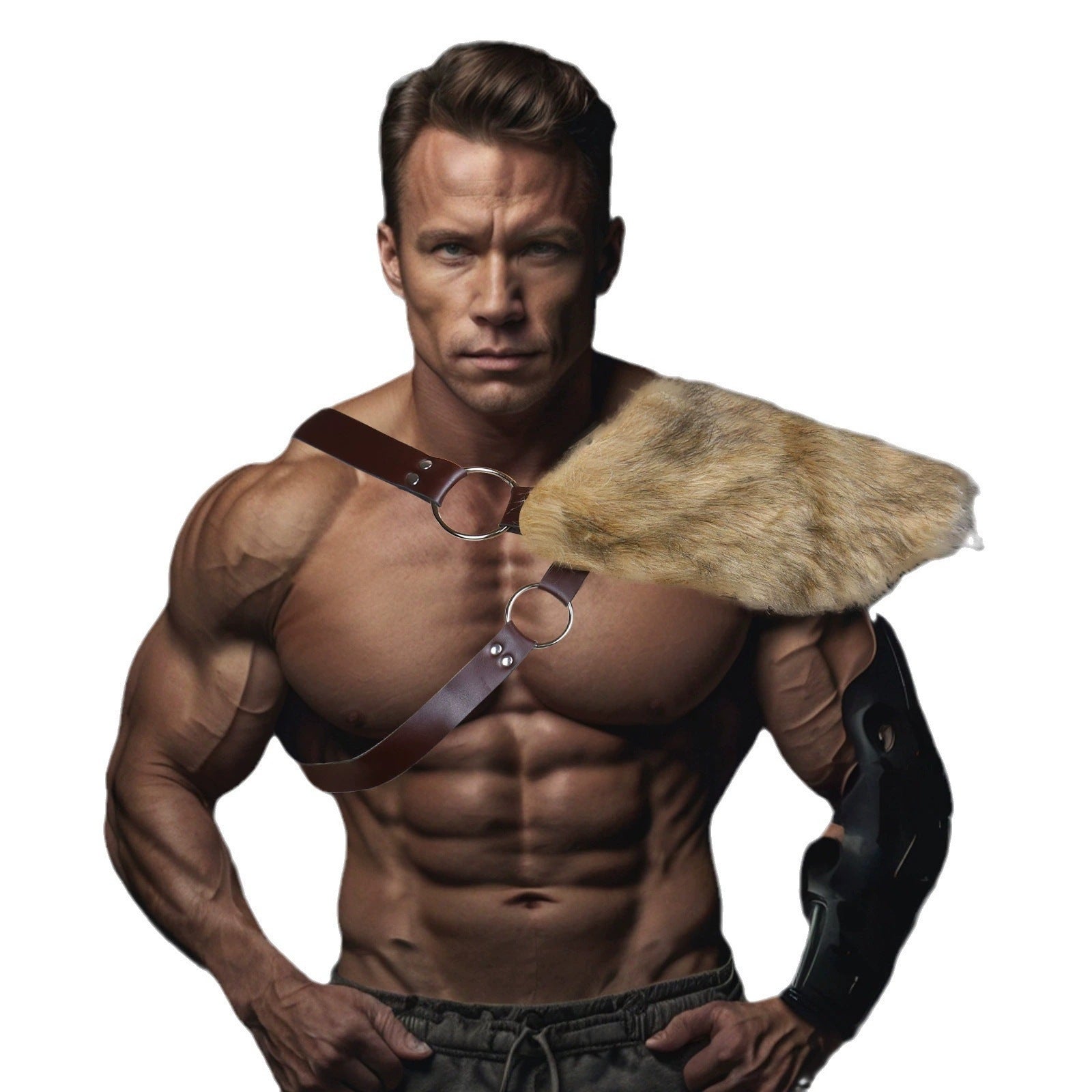 Men's decorative leather chest harness with removable faux fur shoulder pads Chichicherry