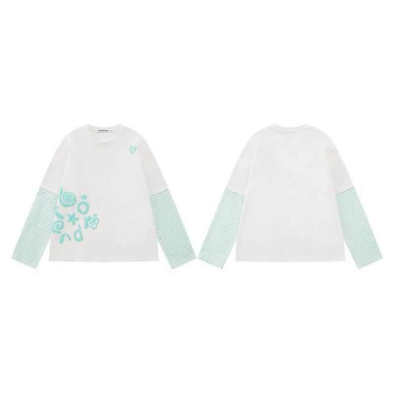 Women's Layered Long Sleeve Shirt in Layer Look with Striped Insert Sleeves and Playful Graphic Doodle Print Chichicherry