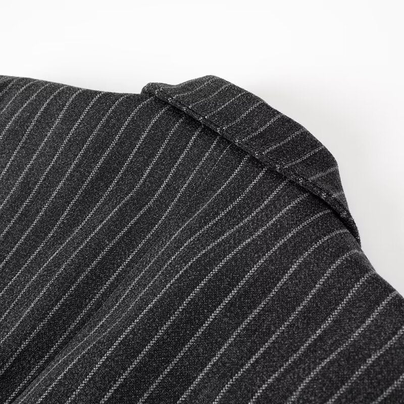 Women Longline Wool Blend Coat with Pinstripes, Tailored Lapel and Flap Pockets Chichicherry