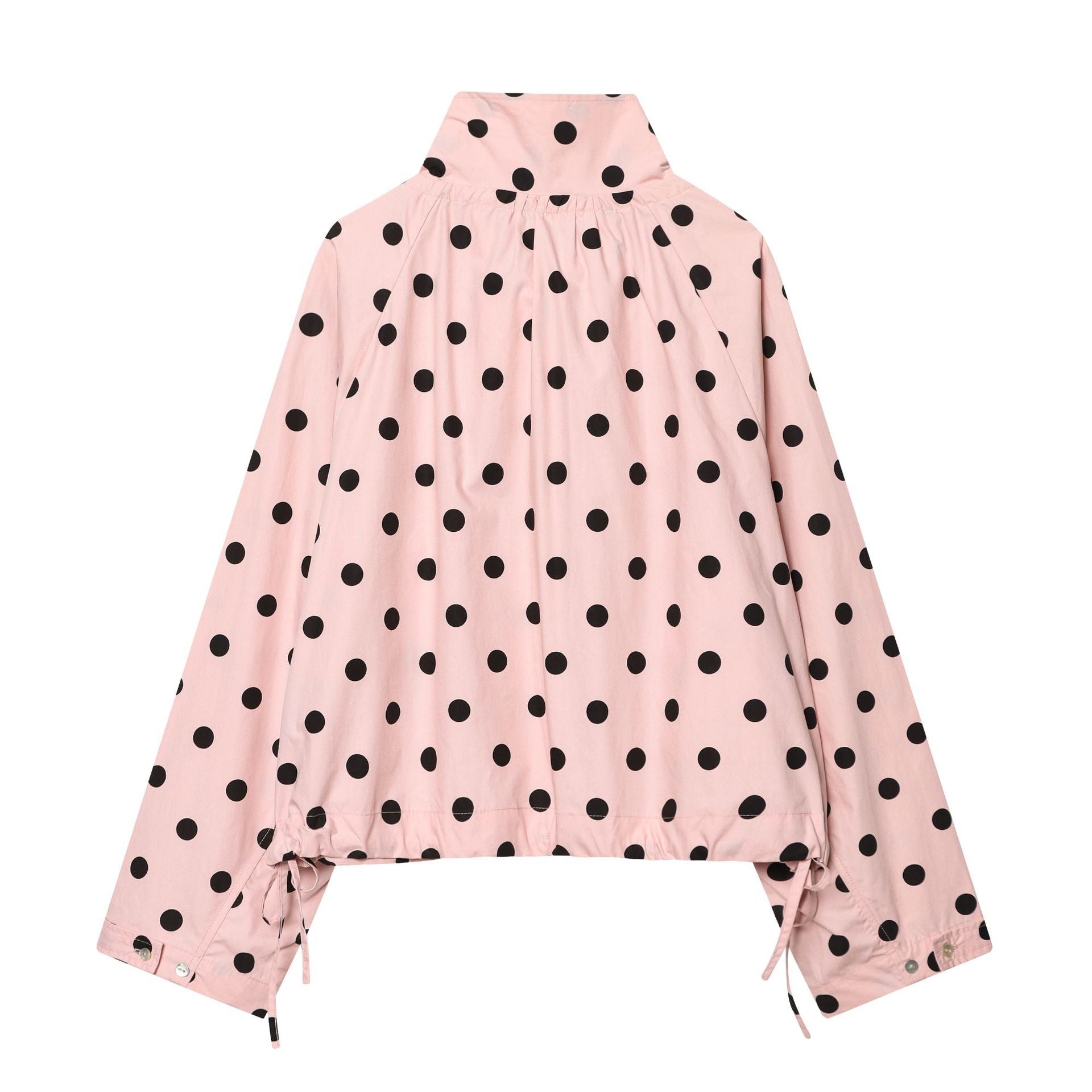 Women's Polka Dot Cropped Blouson Jacket with High Stand Collar, Drawstring and Button Placket Chichicherry