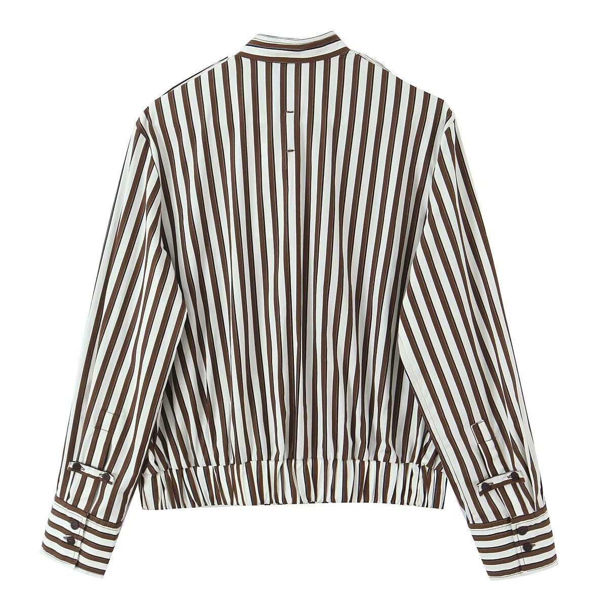 Women's Striped Blouson Shirt Blouse with Stand Collar, Shoulder Epaulettes, and Elastic Hem Chichicherry