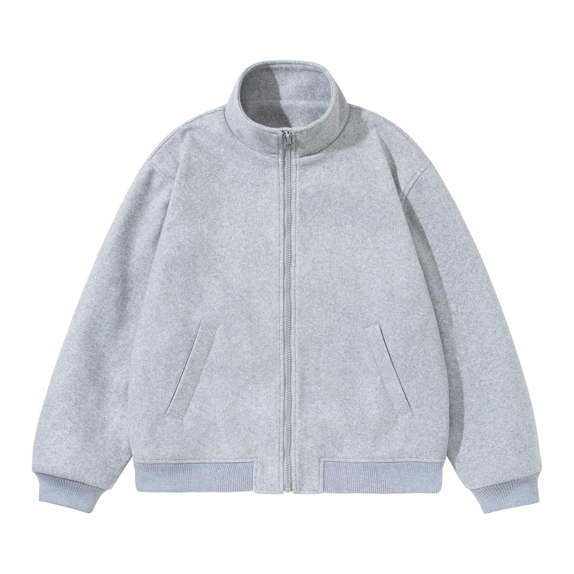 Unisex Short Cut Boxy Wool Blend Blouson with Stand Collar Chichicherry