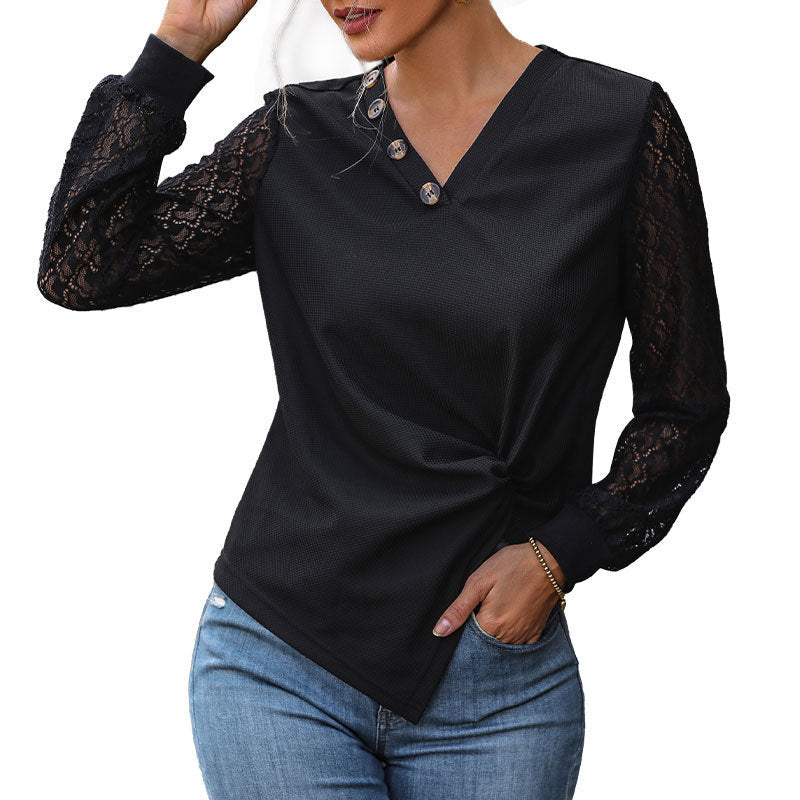 Women's Fitted Long Sleeve Shirt with Lace Sleeves, V-Neck and Knot Front Chichicherry