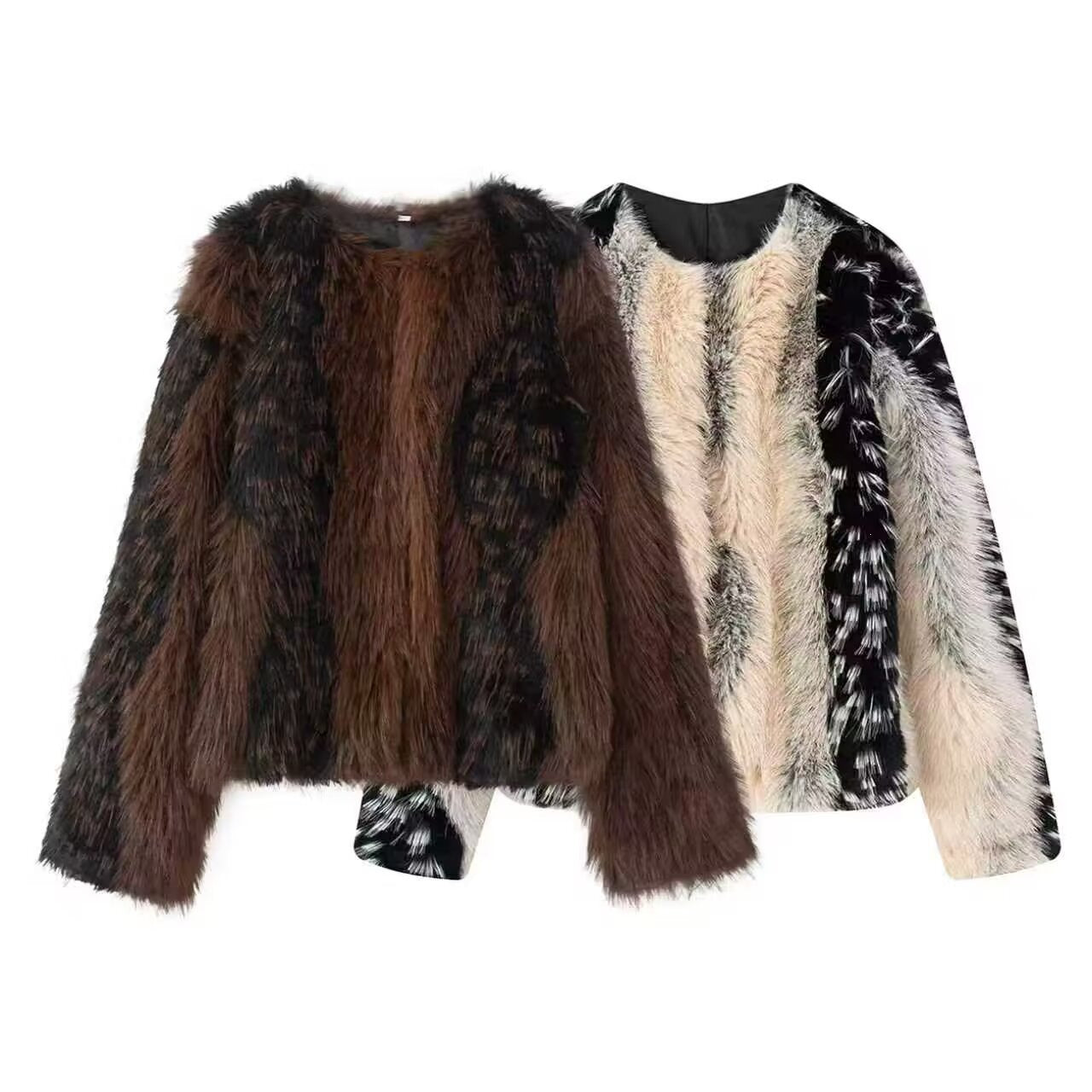 Women's Short Cut Faux Fur Jacket with Striped Fur Texture Chichicherry