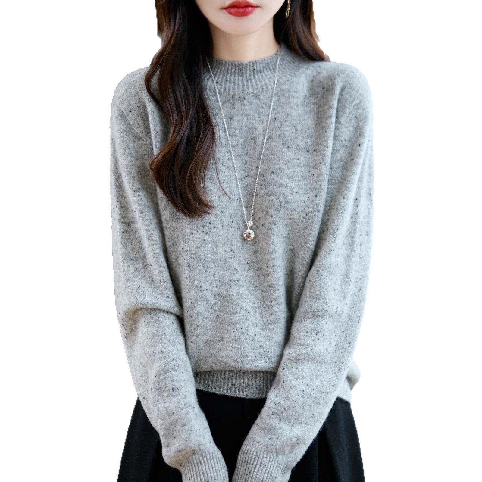 Women’s mélange fine knit pullover with short stand-up collar and loose silhouette Chichicherry