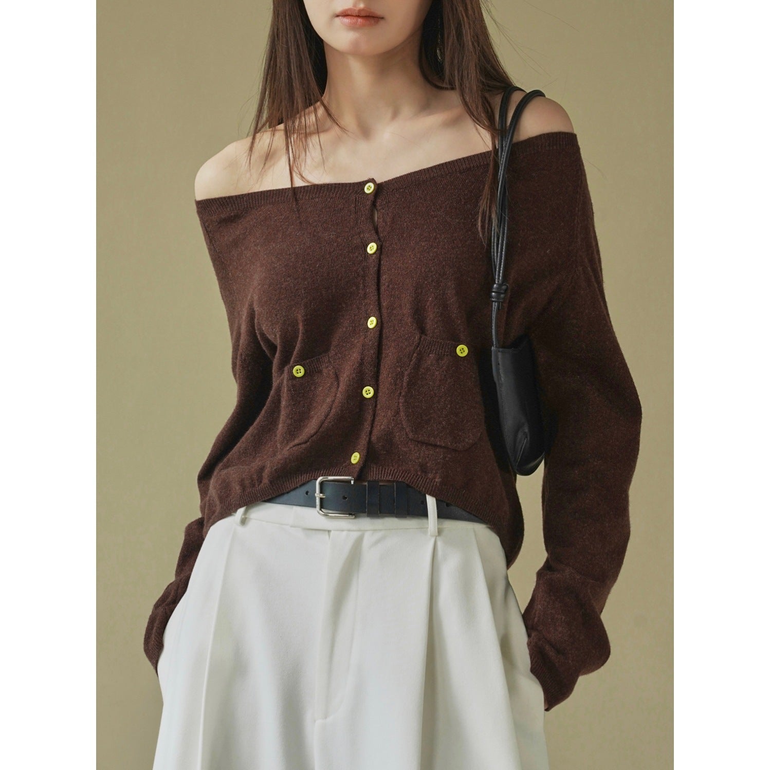 Women Off-Shoulder Fine Knit Cardigan with Pockets Chichicherry