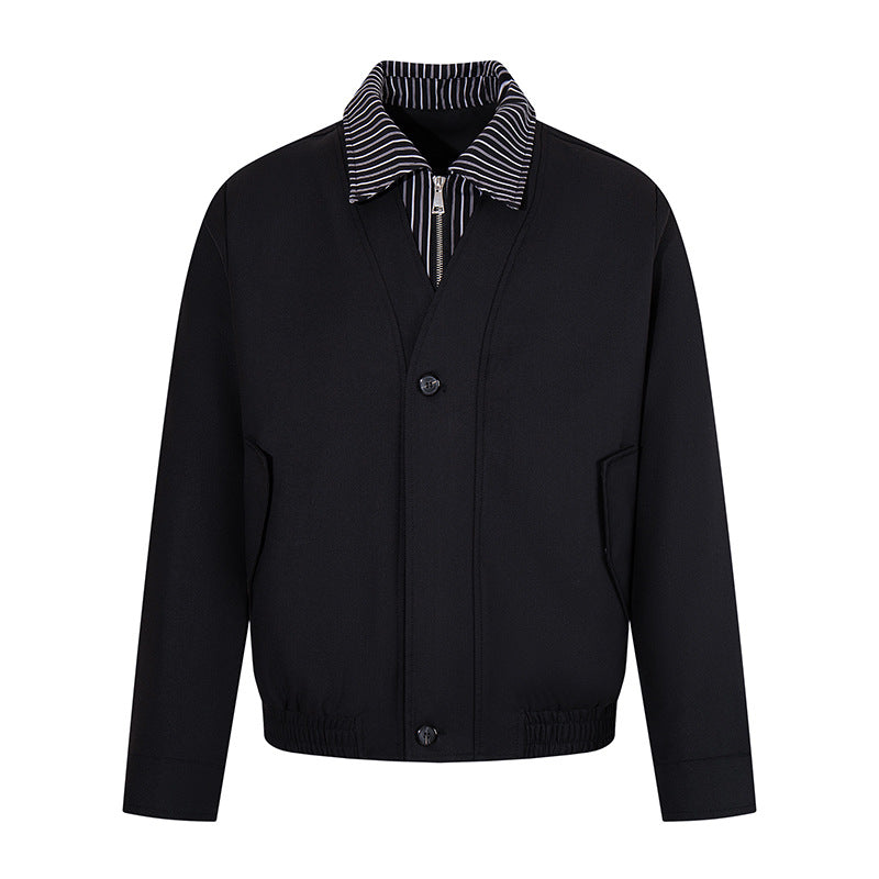 Men's short-cut blouson jacket with striped inner collar, concealed two-way zipper, and elastic hem Chichicherry