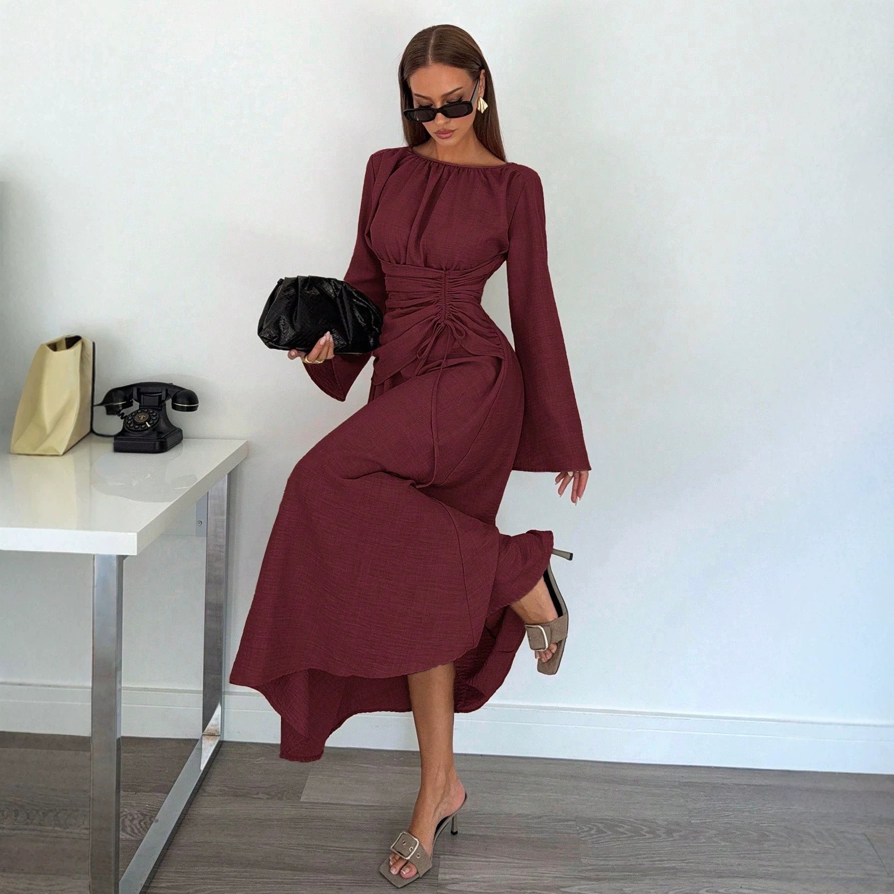 Ladies Max Dress with gathered waist lacing and bell sleeves Chichicherry
