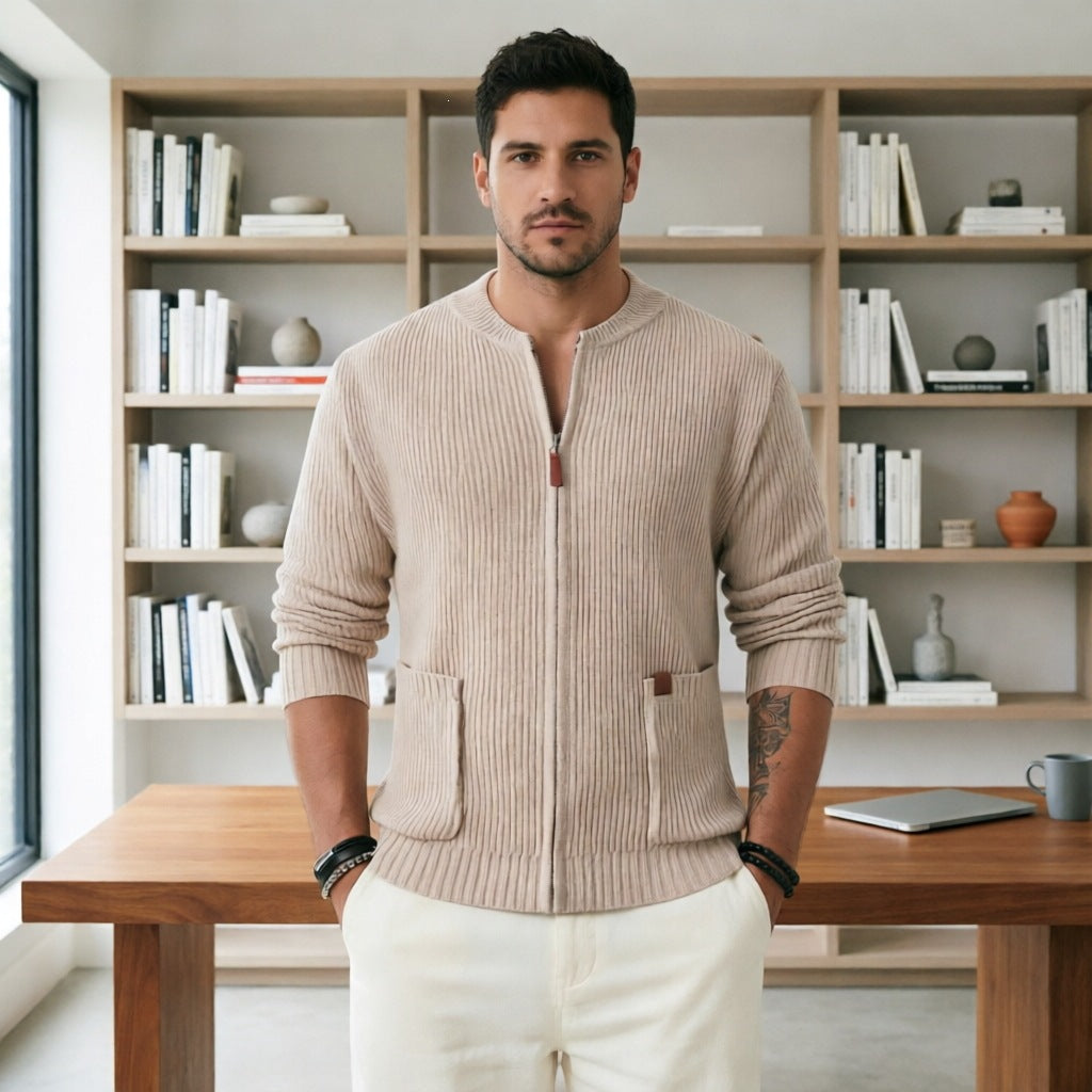 Men's ribbed cardigan with front zipper and patch pockets Chichicherry