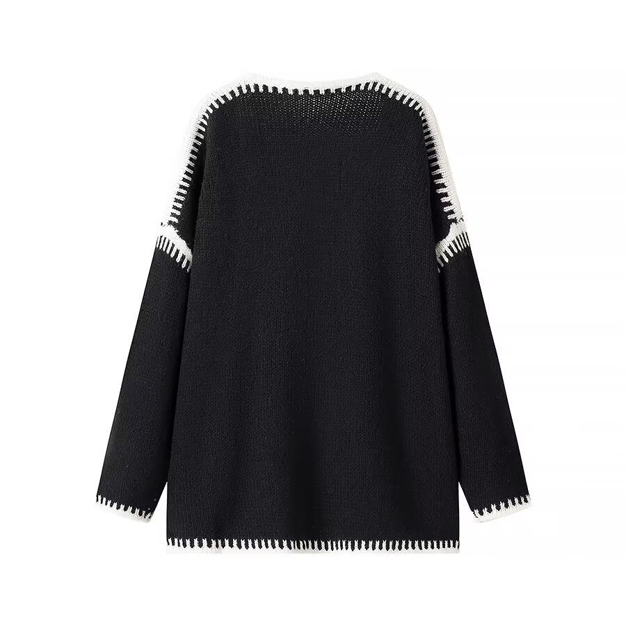 Women's Oversized Cardigan with Contrasting Crochet Edge and Dropped Shoulder Chichicherry
