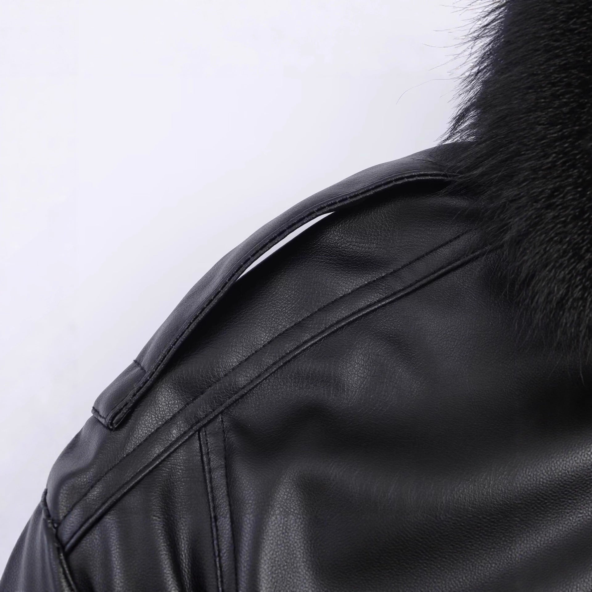 Women's Short Cut Faux Leather Bomber with Voluminous Faux Fur Collar Chichicherry