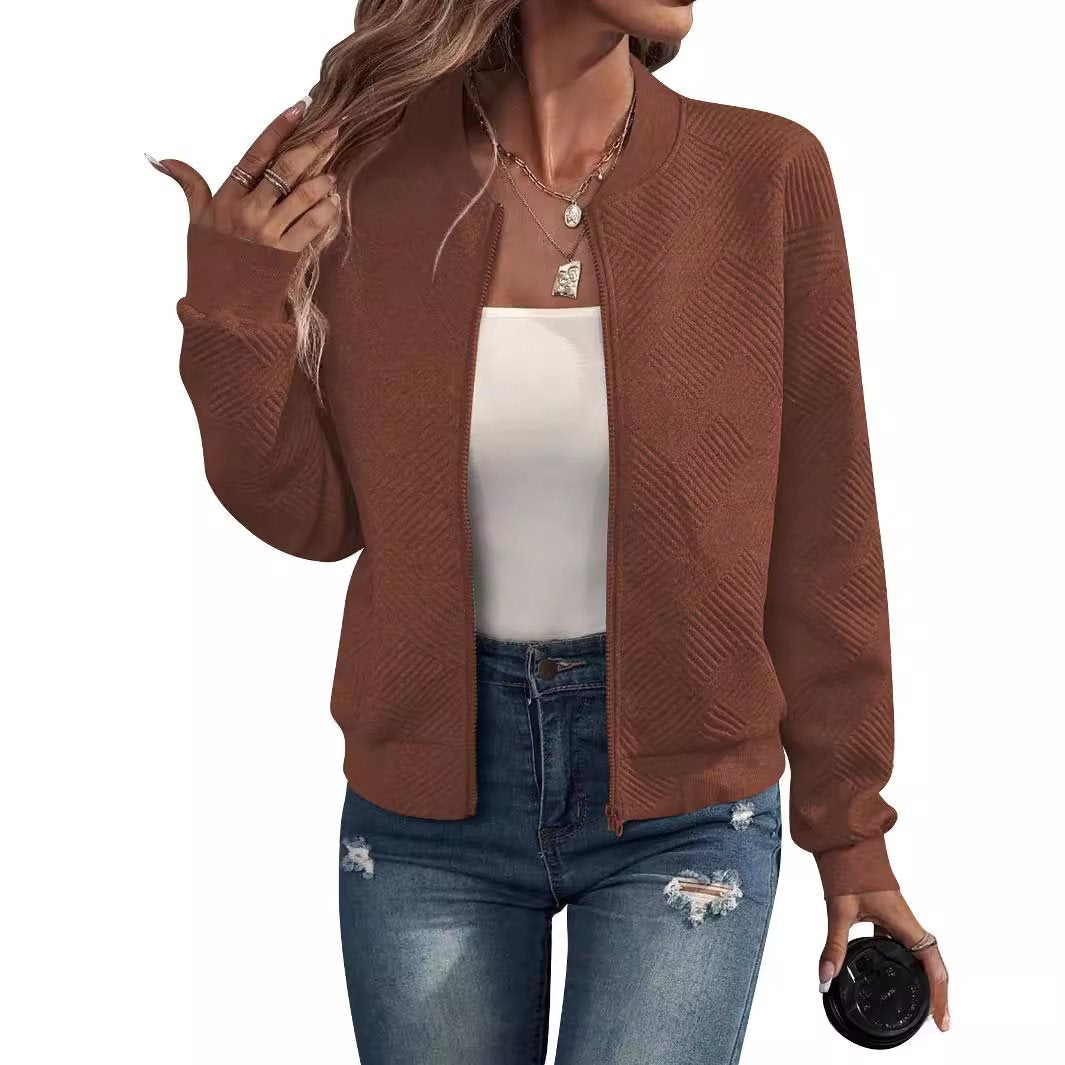 Women Structured Bomber Cardigan with Zipper and Ribbed Cuffs Chichicherry