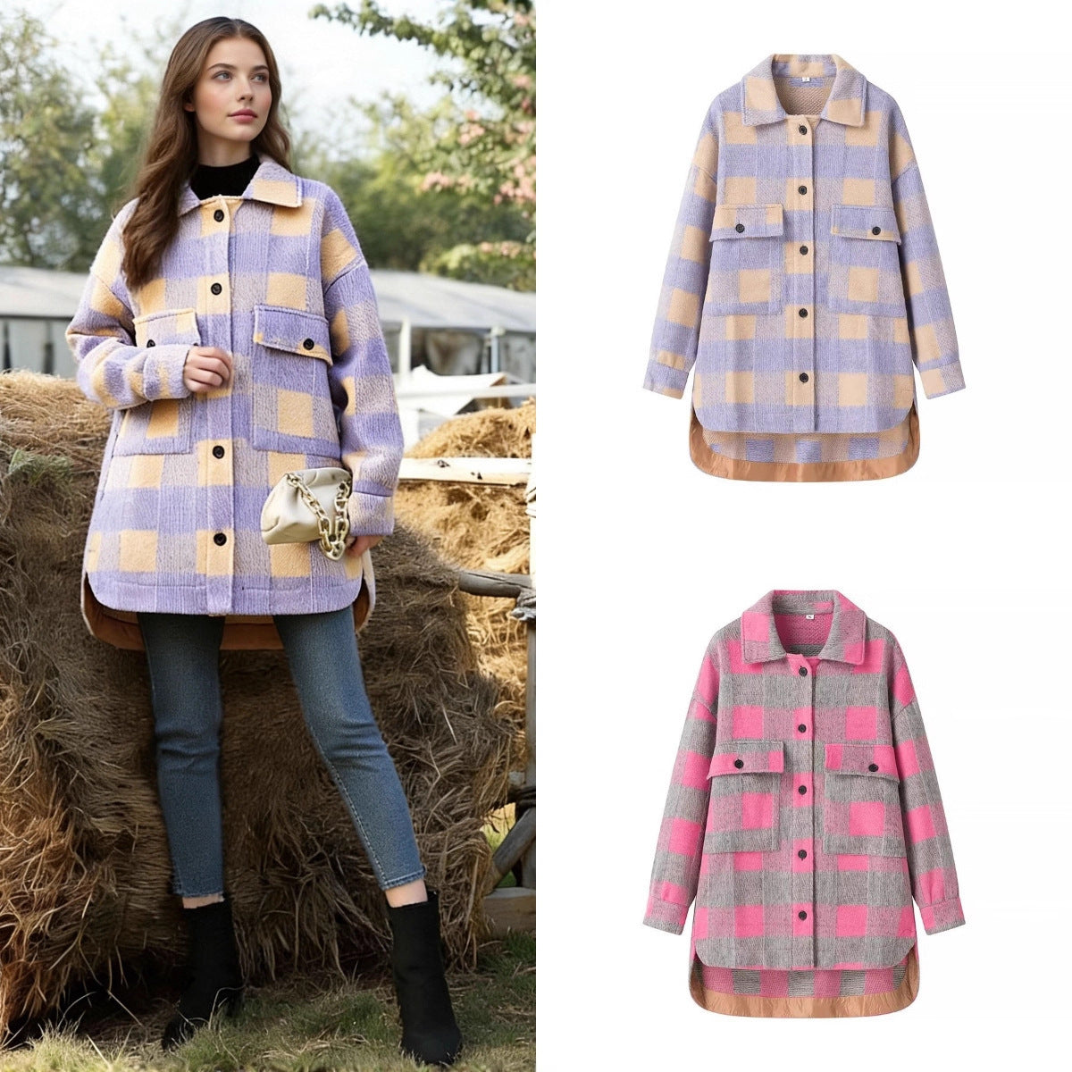 Women Oversize Checked Shirt Jacket with Applied Flap Pockets and Extended Hem Chichicherry