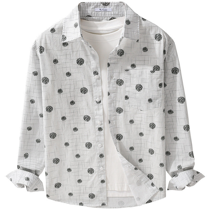 Men's lightweight long sleeve overshirt in shirt jacket style with fine check pattern and floral all-over Chichicherry