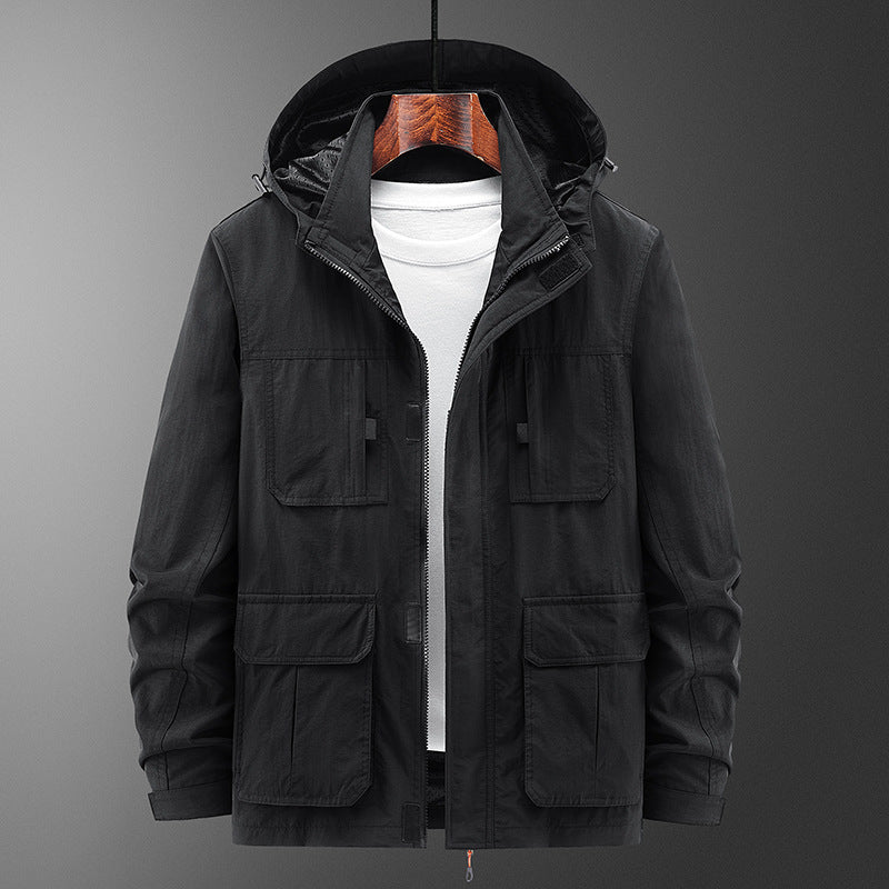 Men's Lightweight Outdoor Field Jacket with Hood, four patch pockets and concealed zipper Chichicherry
