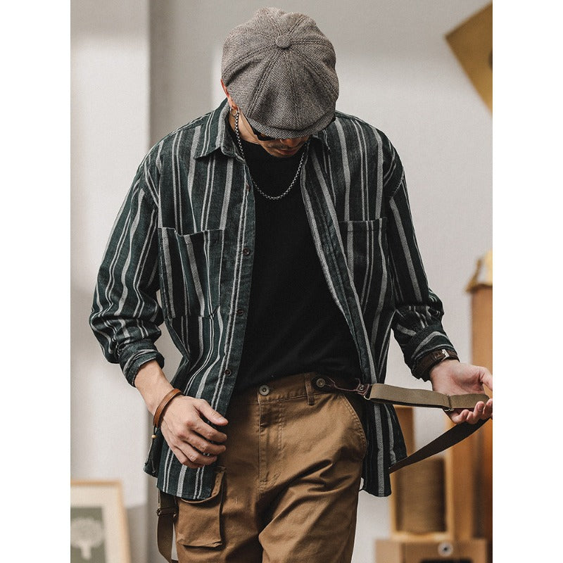 Herren Gestreiftes Overshirt-Hemd aus Baumwoll-Leinen mit Brusttaschen Chichicherry