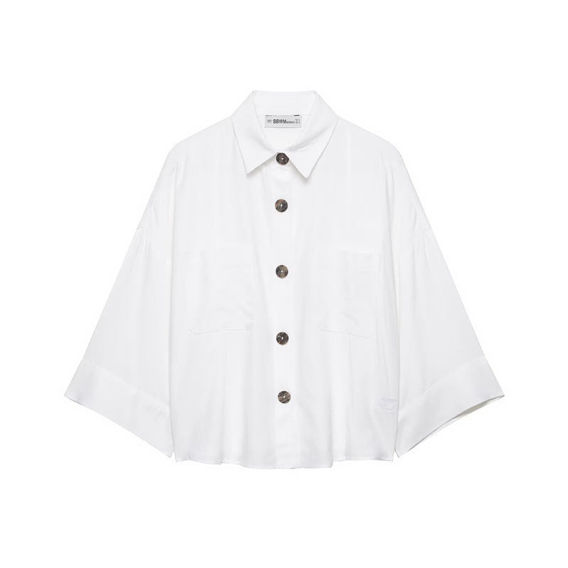 Women's Oversized Shirt Jacket with Three-Quarter Kimono Sleeves and Patch Pockets Chichicherry