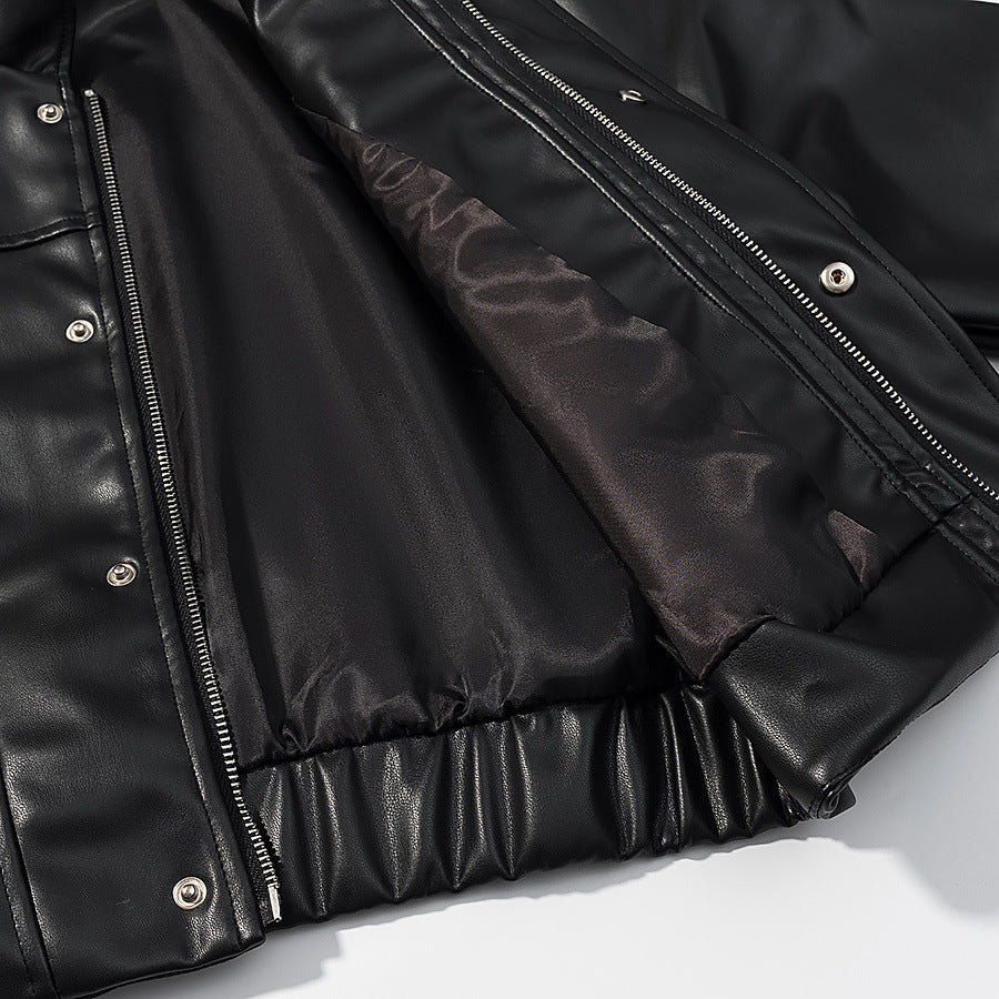 Women's Cropped Boxy Faux Leather Jacket with Stand Collar and Constructive Dart Seams Chichicherry