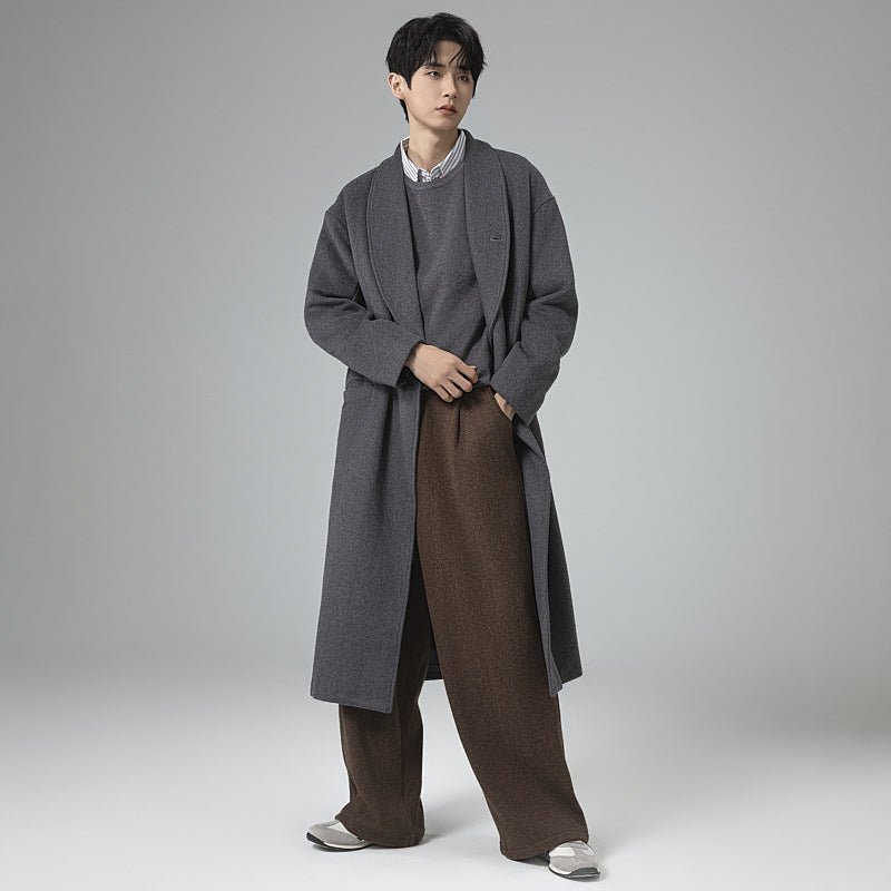 Men's maxi-length wool blend overcoat in oversized fit with wide shawl collar and decorative belt Chichicherry