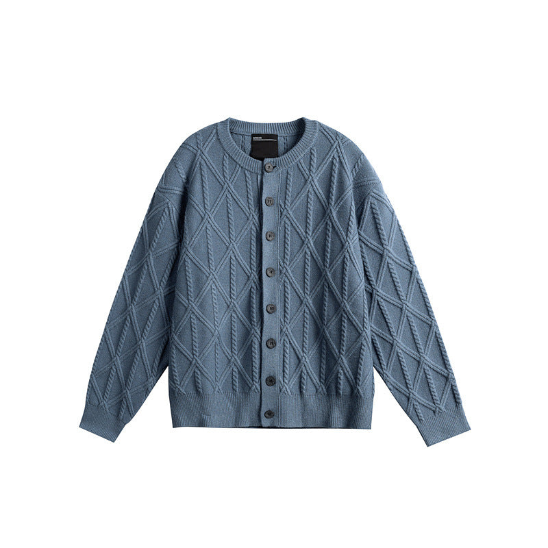 Ladies' knitted cardigan in boxy cut with textured diamond pattern, round neck and continuous button placket Chichicherry