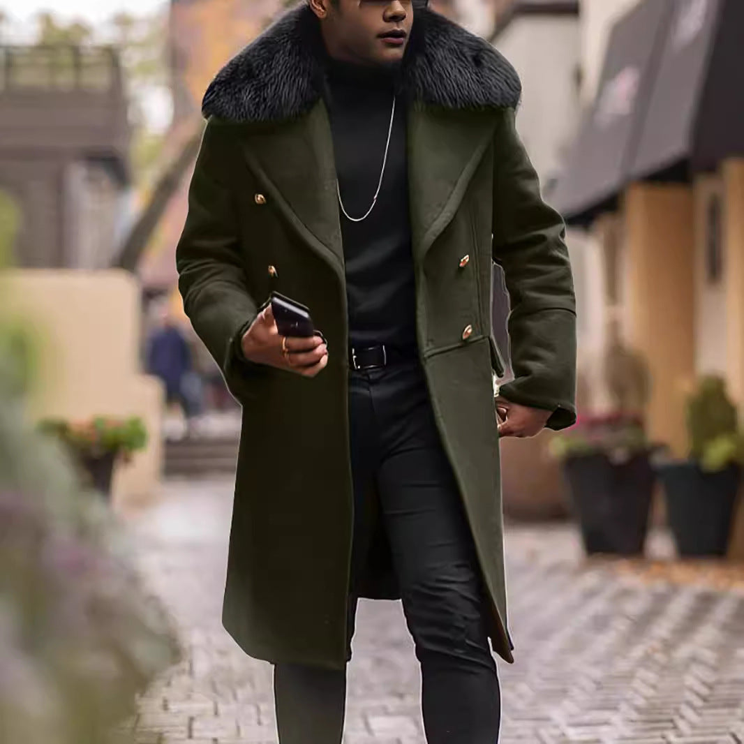 Men's Double-Breasted Wool Coat with Large Faux Fur Collar Chichicherry